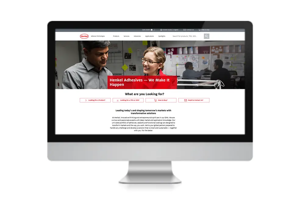 Pantalla de monitor con el sitio web de Henkel Adhesive Technologies.